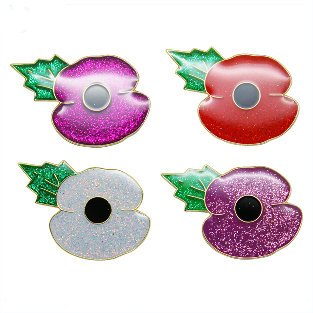 Pin de solapa de metal con purpurina colorida y amapola con epoxi