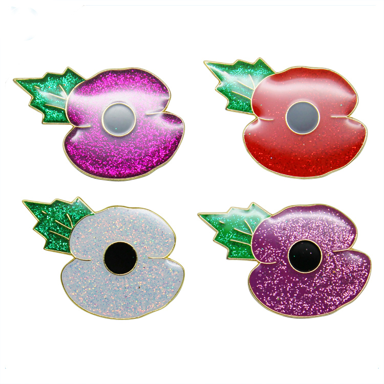 Pin de solapa de metal con purpurina colorida y amapola con epoxi