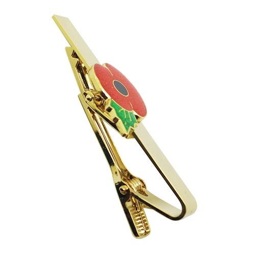 Pasador de corbata con forma de amapola de metal dorado con clase